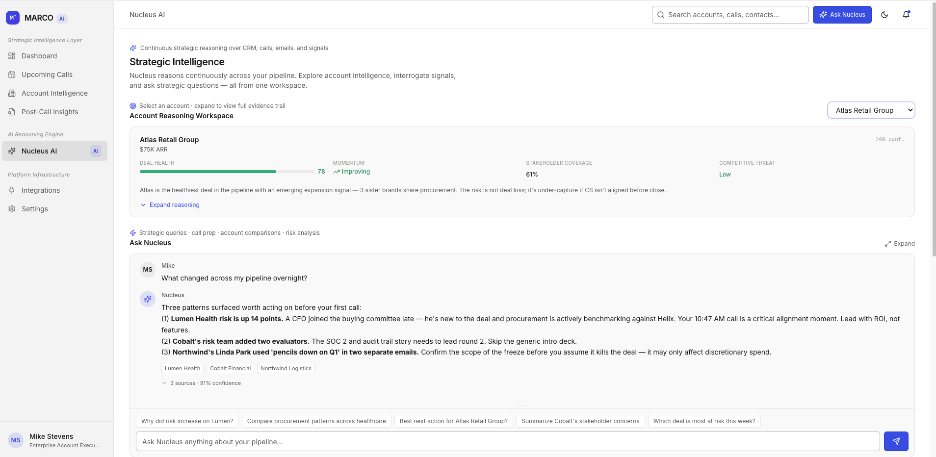 MARCO Nucleus AI — strategic reasoning engine with continuous account intelligence, evidence-backed recommendations, and cross-account pattern detection
