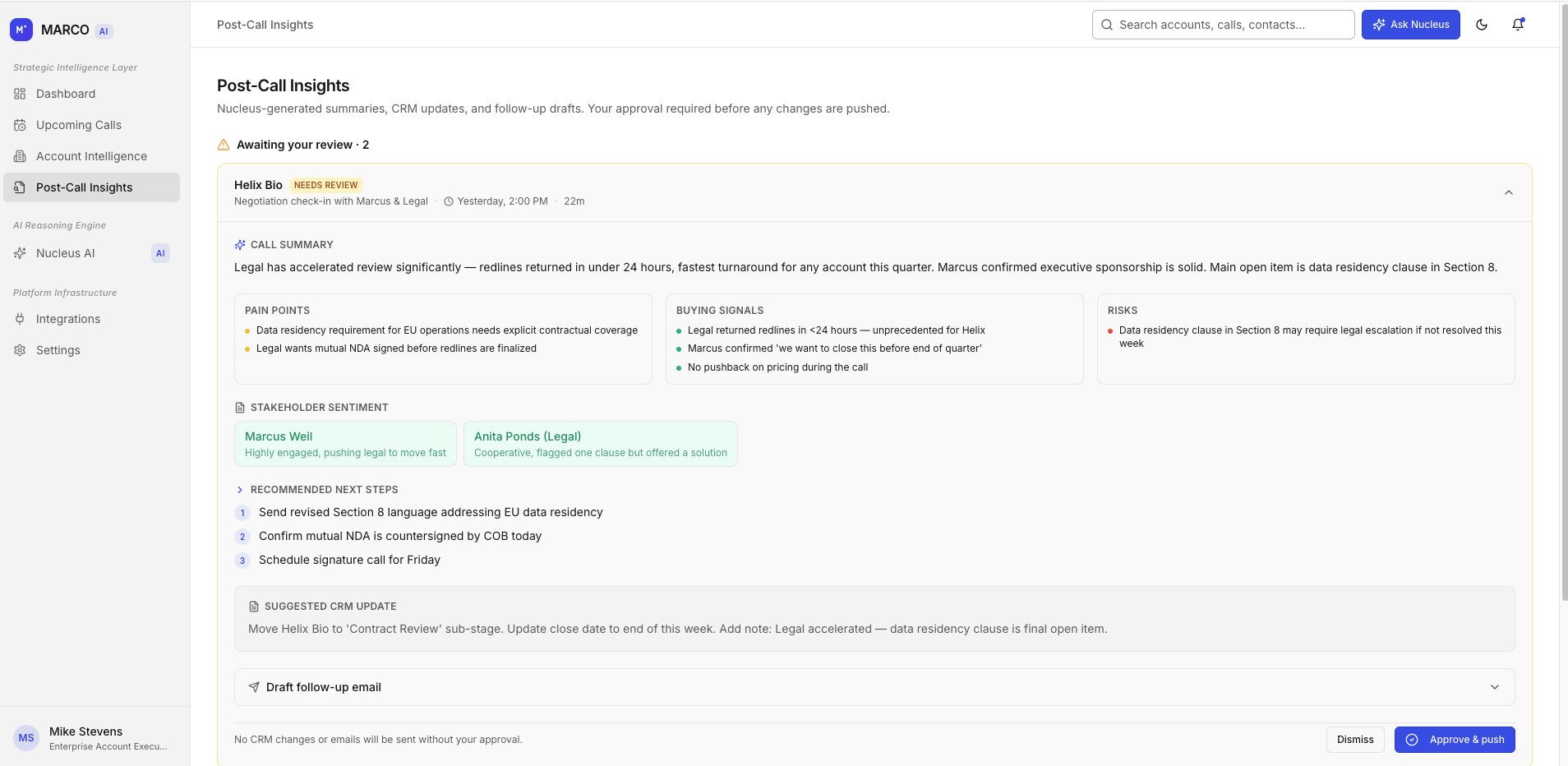 MARCO Post-Call Insights — call summary, pain points, buying signals, risks, stakeholder sentiment, recommended next steps, and suggested CRM update awaiting approval